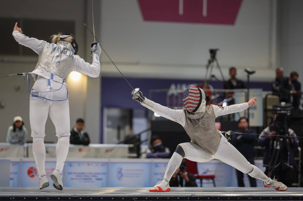 Jaelyn Liu (right) battles Italy’s Martina Sinigalia in the final of the 2025 Women’s Foil World Cup in Hong Kong. Photo: Edmond So Jaelyn Liu (right) battles Italy’s Martina Sinigalia in the final of the 2025 Women’s Foil World Cup in Hong Kong. Photo: Edmond So