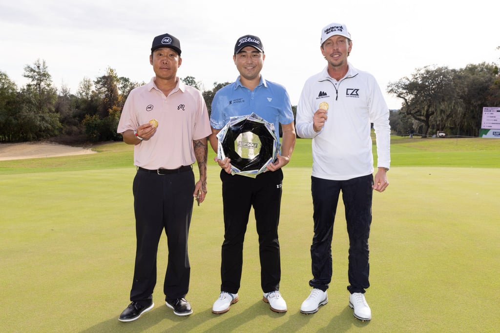 LIV Golf Promotions champion Richard T Lee (centre), flanked by Bjorn Hellgren (right) and Anthony Kim. Photo: LIV Golf