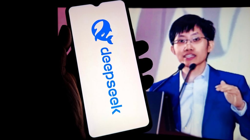 The DeepSeek app is seen on a smartphone with its founder Liang Wenfeng in the background in this arranged picture taken on May 23, 2025. Photo: Shutterstock Images