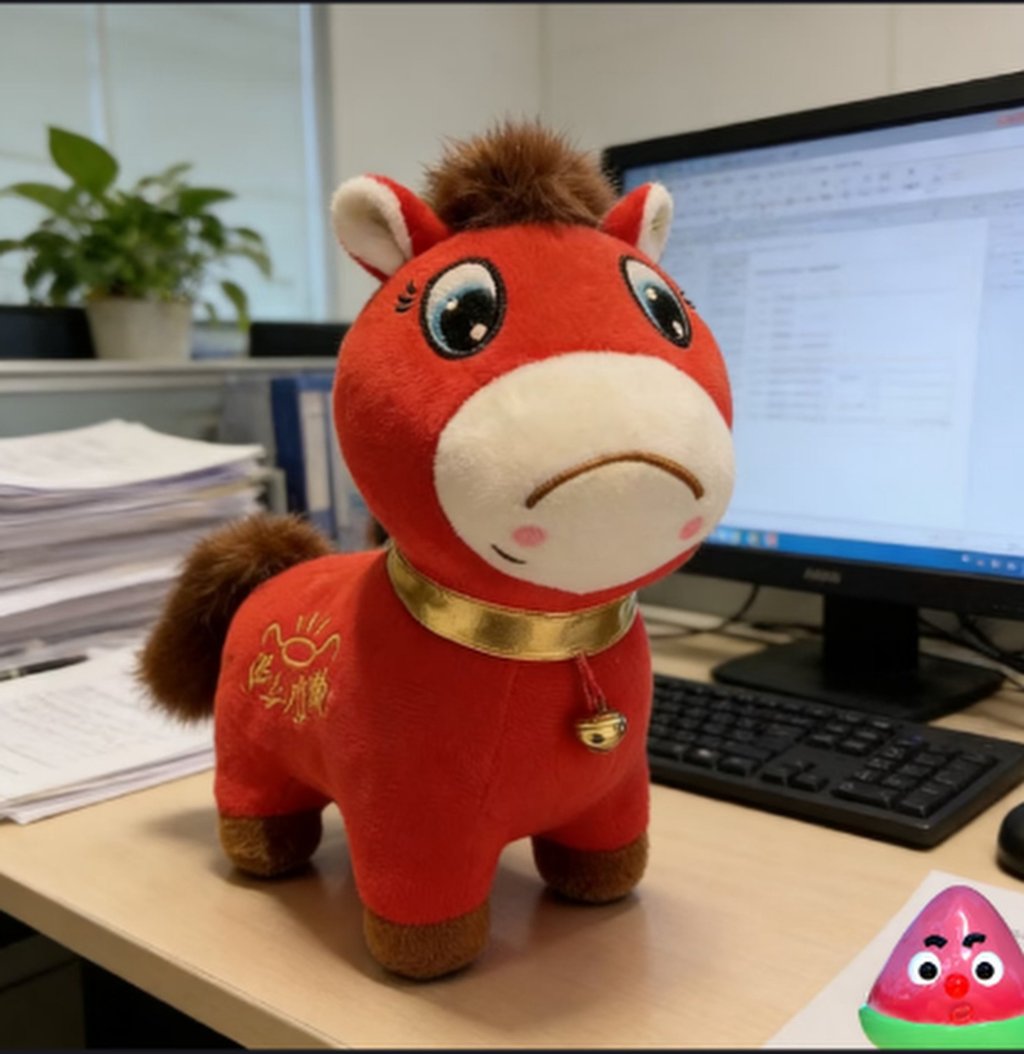 One of the “crying face” horses sits on a desk at a workstation. Millions have embraced the sad-looking toy online. Photo: cz.tv