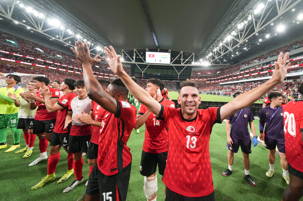 Stefan Pereira and his Hong Kong teammates celebrate after beating India at Kai Tak Stadium. Photo: Sam Tsang Stefan Pereira and his Hong Kong teammates celebrate after beating India at Kai Tak Stadium. Photo: Sam Tsang