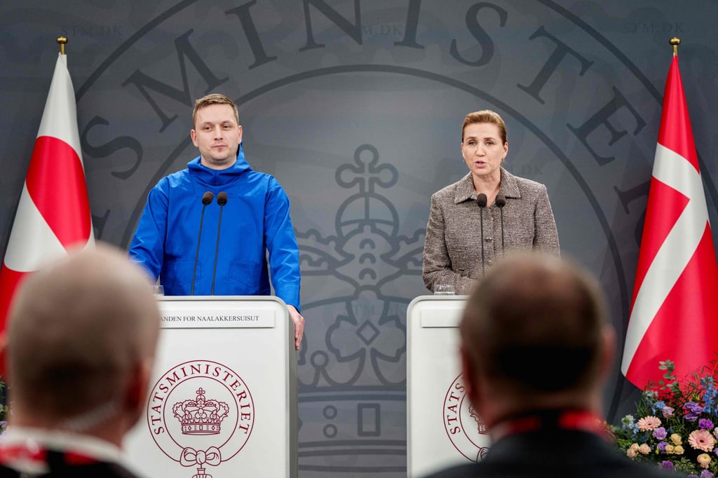 Greenland leader Jens-Frederik Nielsen and Denmark’s Prime Minister Mette Frederiksen give a statement in Copenhagen, Denmark, on Tuesday. Photo: AFP