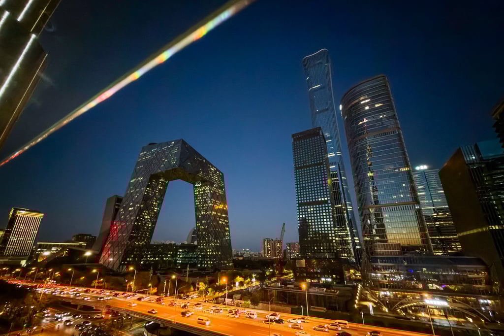 The illuminated CCTV Headquarters in Beijing. The new policy has been introduced in the capital. Photo: Getty Images