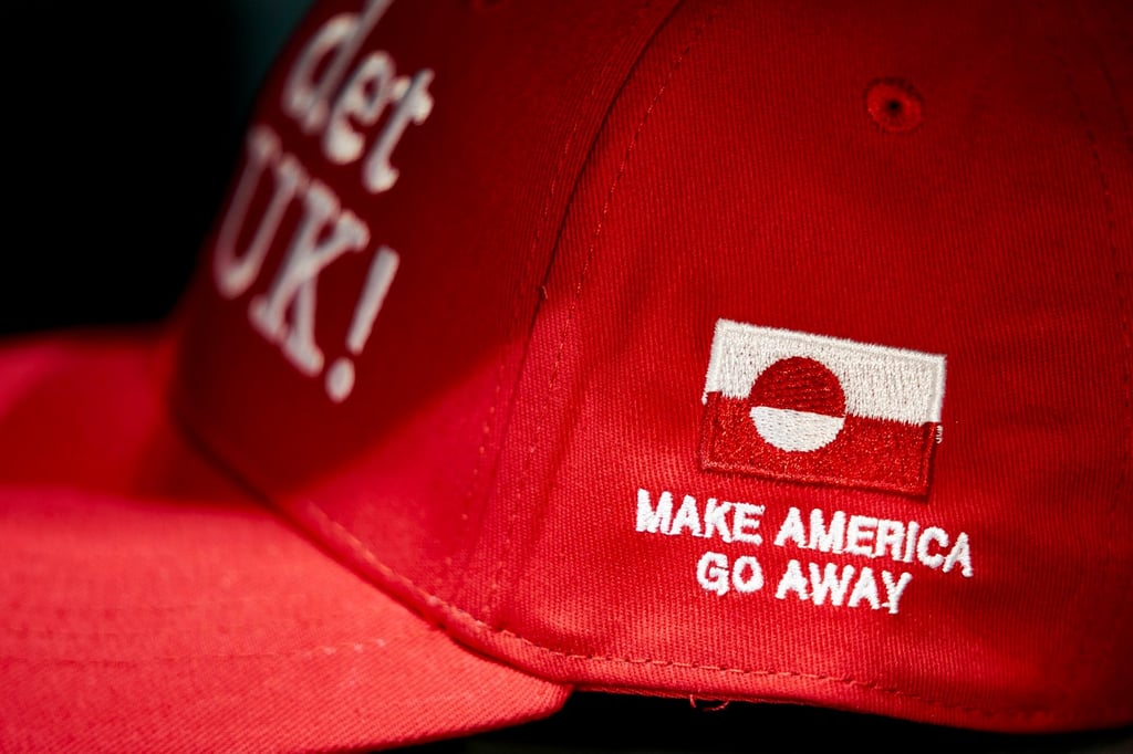 A cap embroidered with a slogan reading ‘Now it’s NUUK!’ and ‘Make America go away’ is displayed for sale in Copenhagen on January 13. Photo: EPA