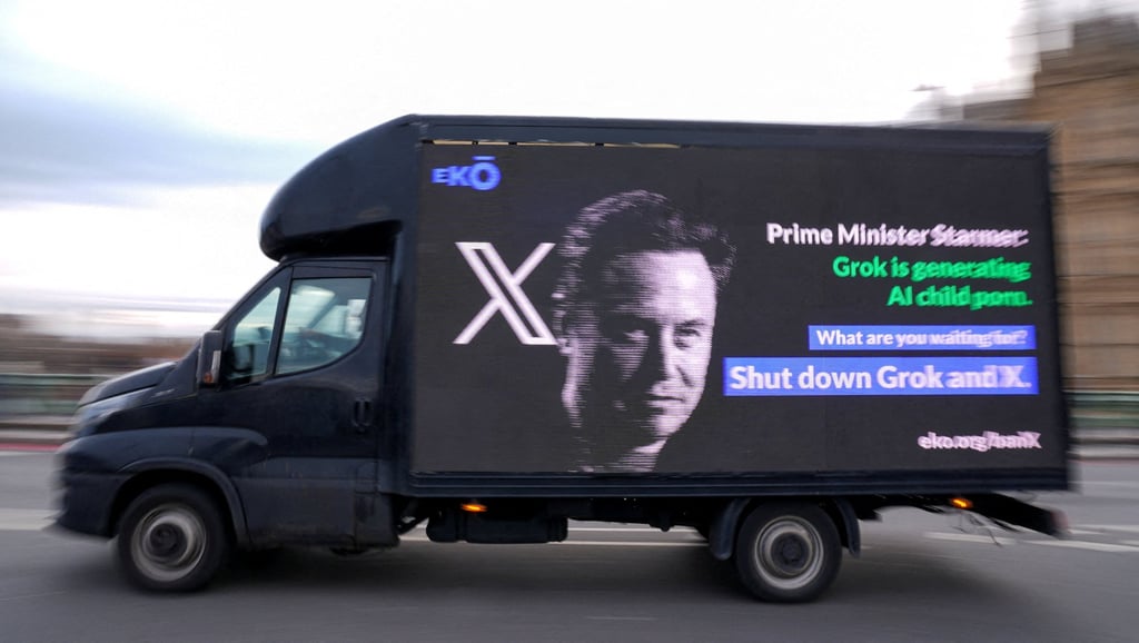 A billboard organised by corporate accountability group Eko urging UK Prime Minister Keir Starmer to ban X and Grok passes through Westminster on Wednesday. Photo: Reuters