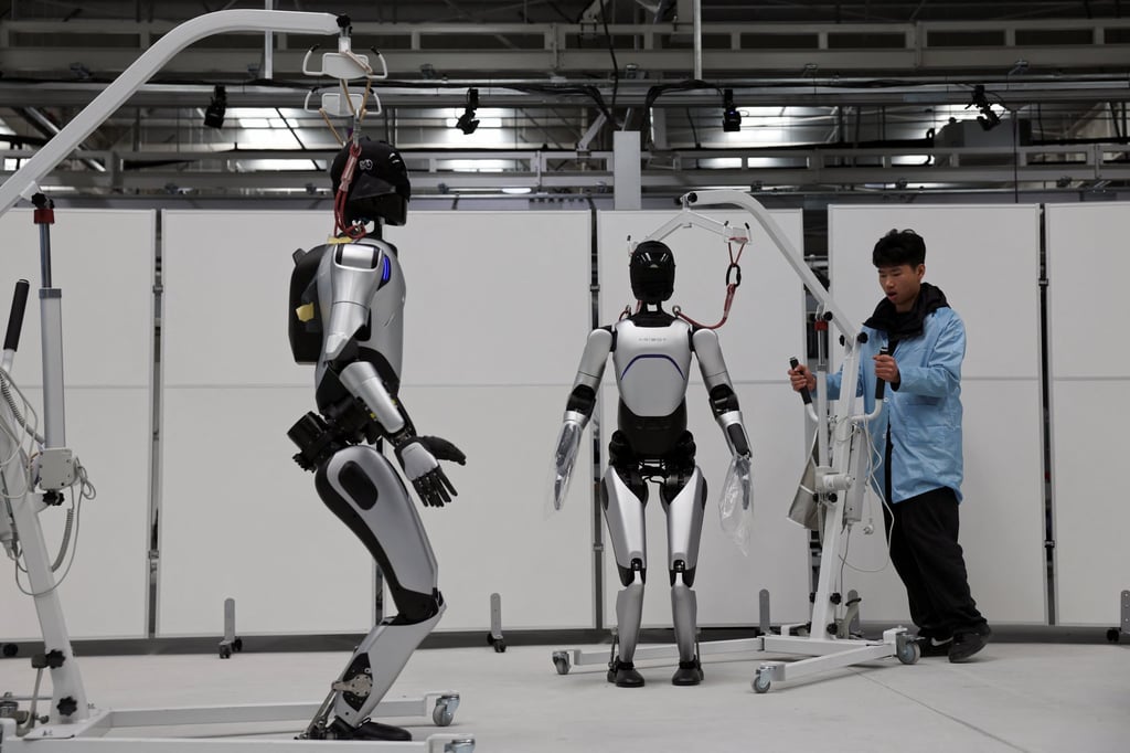 Tests are conducted on humanoid robots at an AgiBot factory in Shanghai. Photo: Reuters