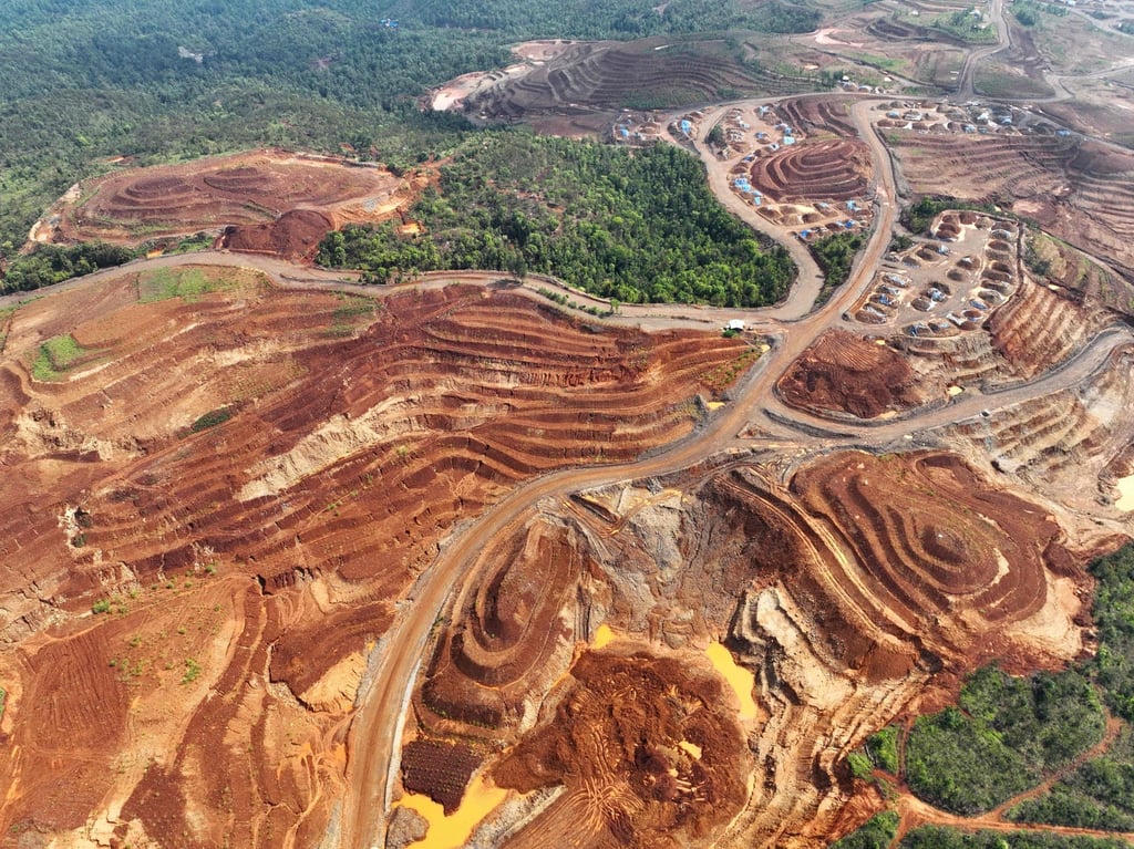 A nickel mining site in Raja Ampat, Southwest Papua. In Indonesia, nickel processing and electric vehicle production have attracted foreign investment but remain low in value added. Photo: Auriga Nusantara/AFP