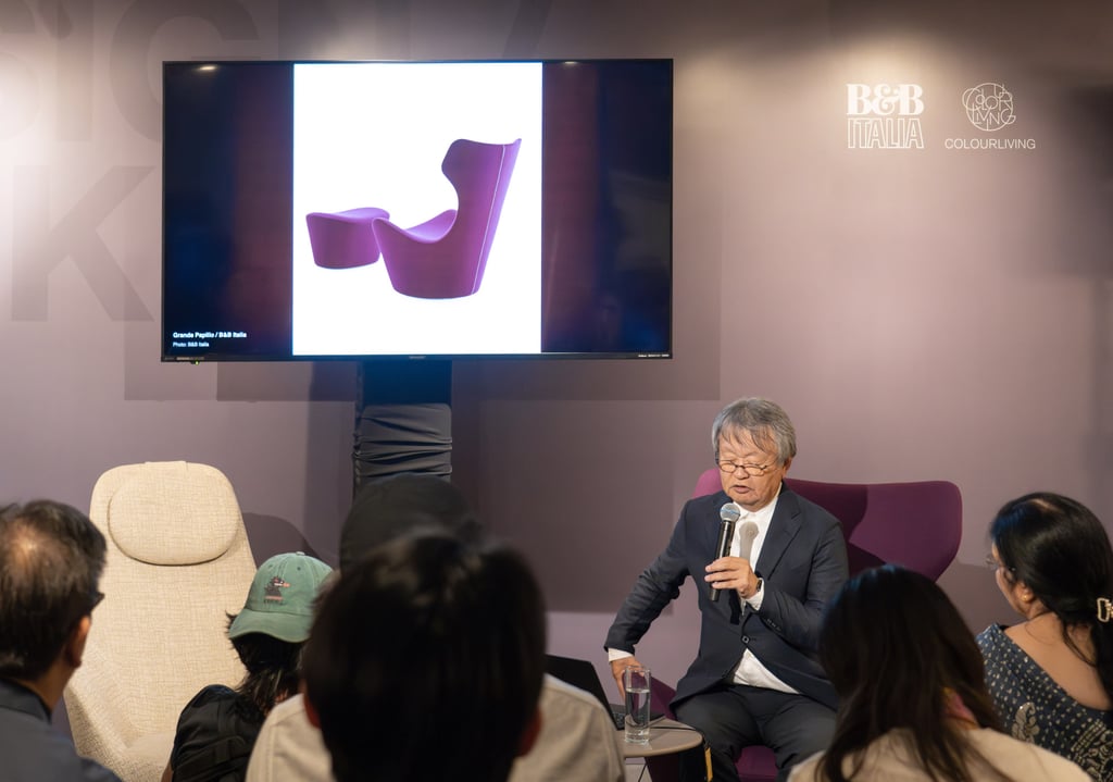 Naoto Fukasawa, pictured with his Grande Papilio armchair and ottoman on screen during his talk at B&B Italia, Colourliving, in Hong Kong, in November 2025. Photo: Handout Naoto Fukasawa, pictured with his Grande Papilio armchair and ottoman on screen during his talk at B&B Italia, Colourliving, in Hong Kong, in November 2025. Photo: Handout