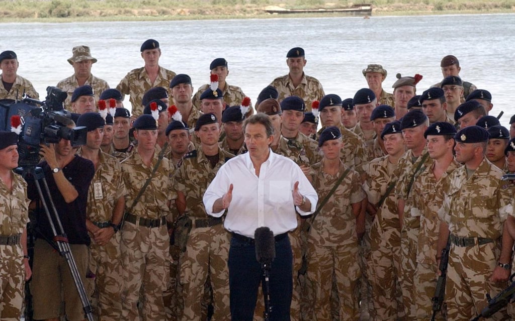 Then British prime minister Tony Blair addresses troops in Basra, Iraq, in May 2003. Photo: AP Then British prime minister Tony Blair addresses troops in Basra, Iraq, in May 2003. Photo: AP