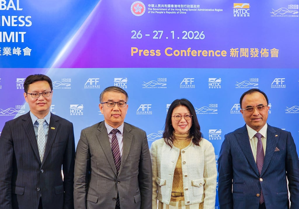 From left, Patrick Lau, deputy executive director of the Hong Kong Trade Development Council; Christopher Hui ching-yu, Secretary for Financial Services and the Treasury; Maggie Ng, HSBC Hong Kong CEO and Asian Financial Forum steering committee chairwoman; and Jack Chan, EY China chairman and Greater China Regional managing partner, at a media briefing on Monday. Photo: Enoch Yiu