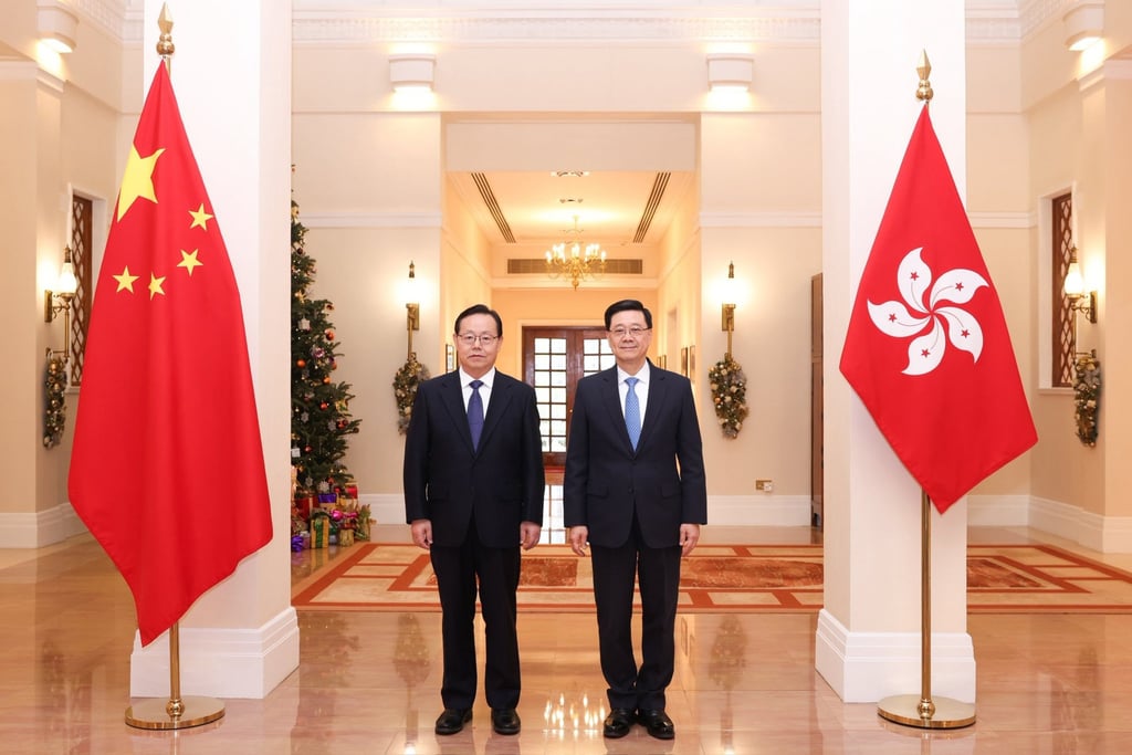 Chief Executive John Lee (right) meets Jiang Zuojun, vice-chairman of the 14th National Committee of the Chinese People’s Political Consultative Conference, at Government House. Photo: Handout Chief Executive John Lee (right) meets Jiang Zuojun, vice-chairman of the 14th National Committee of the Chinese People’s Political Consultative Conference, at Government House. Photo: Handout
