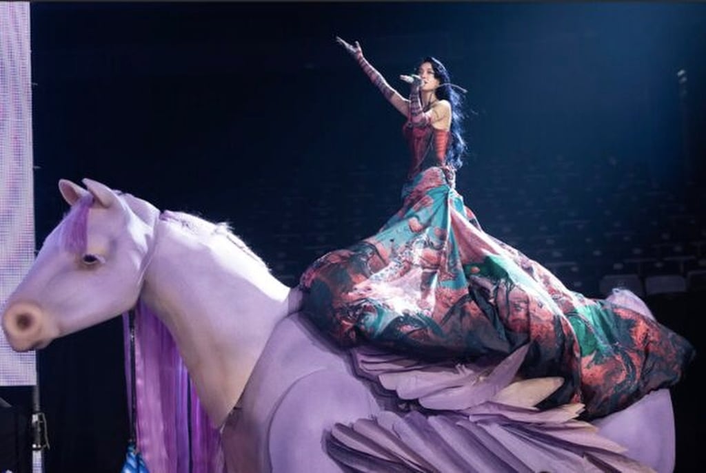 The show also sees the singer perform on the back of a flying horse figure. Photo: Eternal Music Production The show also sees the singer perform on the back of a flying horse figure. Photo: Eternal Music Production