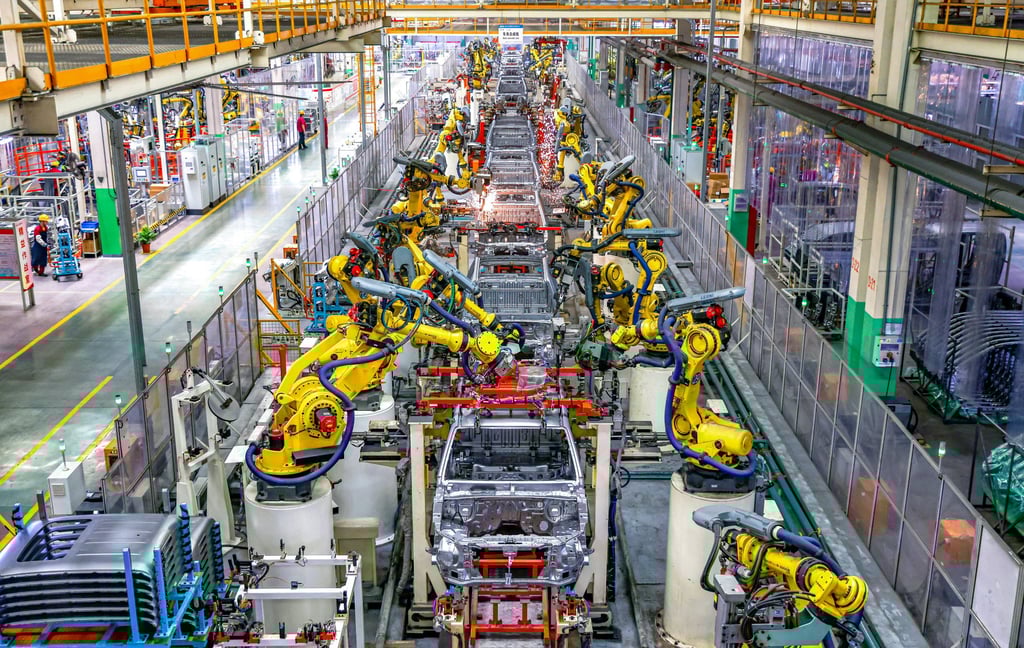 A photo taken on May 13, 2025, shows an EV production line in Jiangdu District of Yangzhou City, in east China’s Jiangsu province. Photo: Xinhua