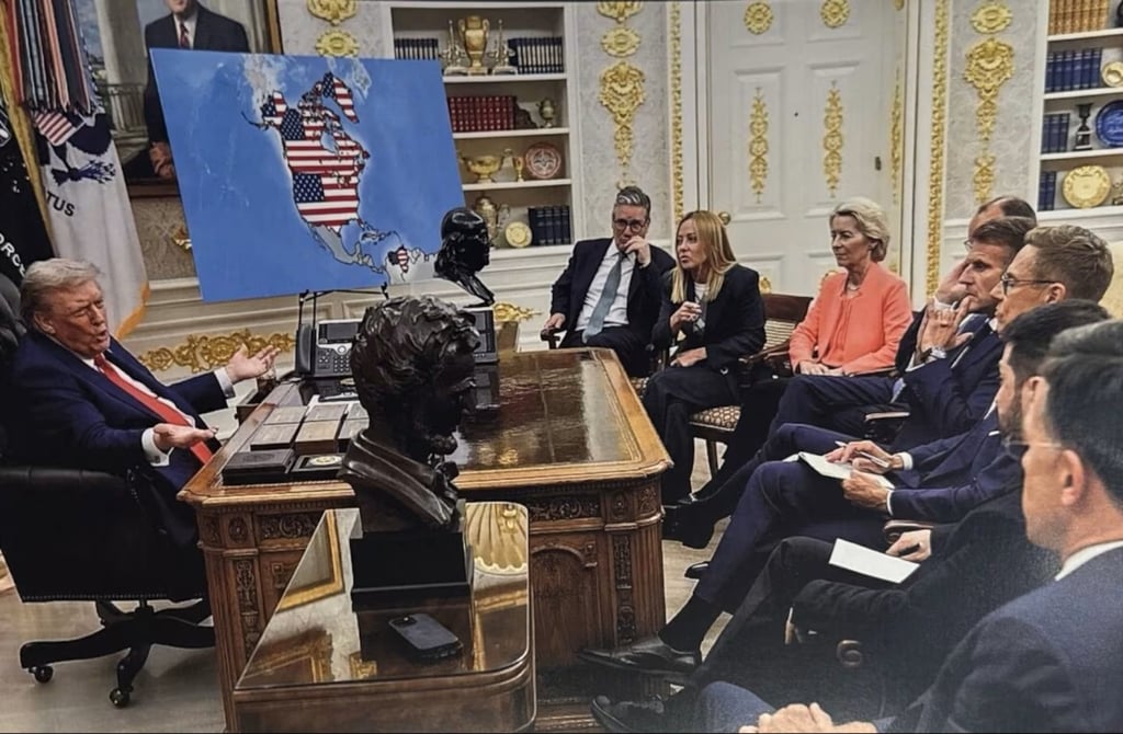 US President Donald Trump posted what appeared to be a doctored image on social media showing him and other world leaders in front of a map with Canada and Venezuela covered in the US flag. Image: Truth Social/realDonaldTrump US President Donald Trump posted what appeared to be a doctored image on social media showing him and other world leaders in front of a map with Canada and Venezuela covered in the US flag. Image: Truth Social/realDonaldTrump