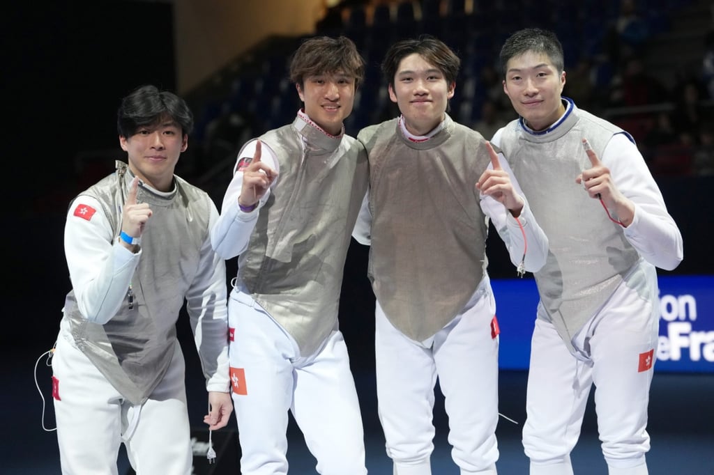 Hong Kong’s successful team of (from left) Cheng Tit-nam, Ryan Choi, Lam Ho-long and Cheung Ka-long at the Foil World Cup stop in Paris. Photo: FIE