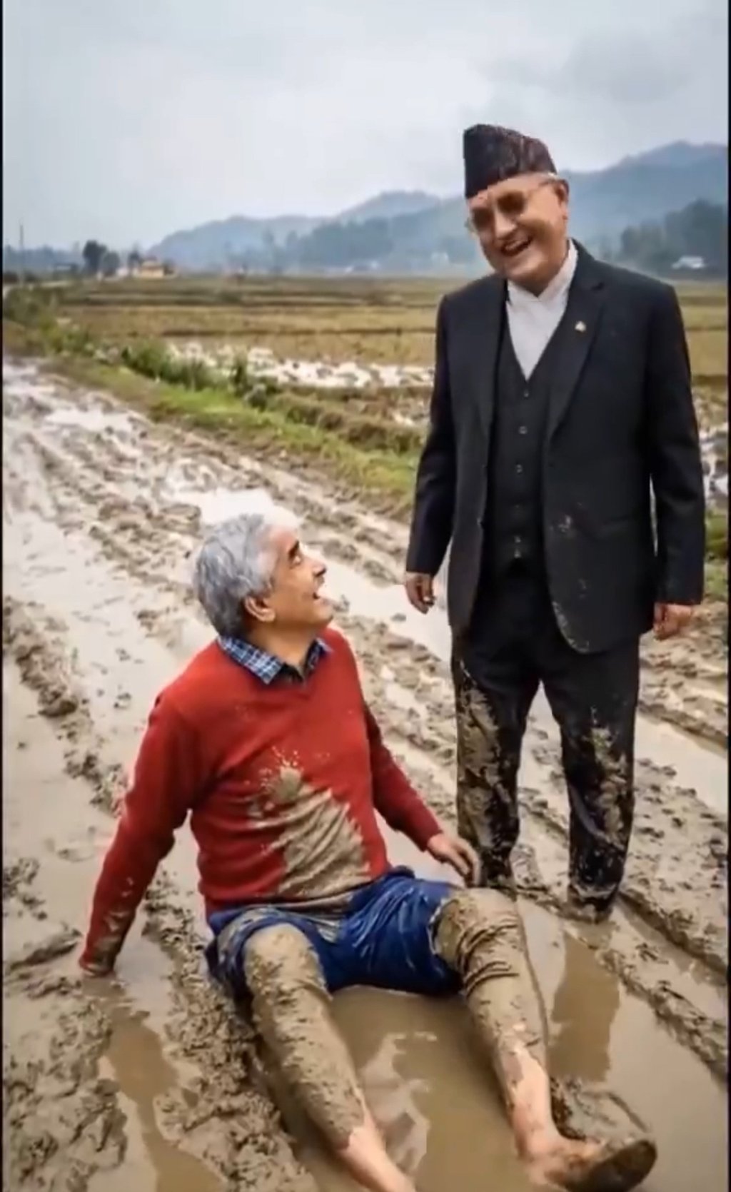 A still from an AI-generated video shows former president of the Nepali Congress party Sher Bahadur Deuba taking a fall as he follows ex-prime minister K.P. Sharma Oli. Photo: Handout