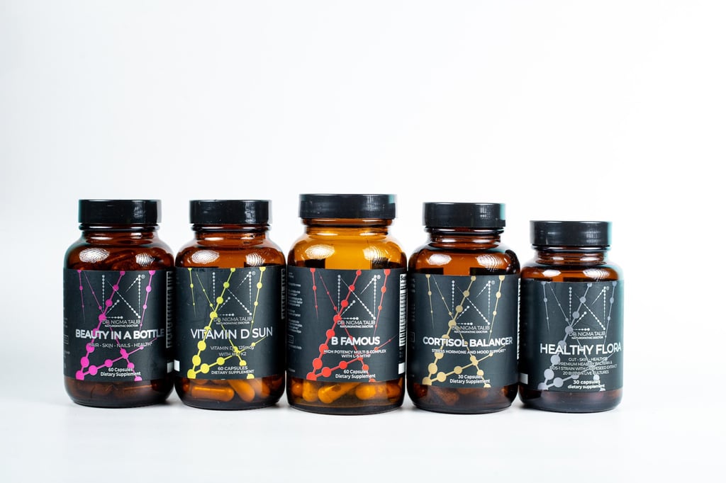 Dr Nigma Talib’s supplement line. Photo: Handout Dr Nigma Talib’s supplement line. Photo: Handout