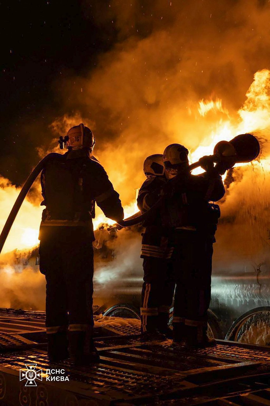 Ukrainian rescuers work at the site of a Russian strike in Kyiv on Saturday. Photo: Handout via EPA Ukrainian rescuers work at the site of a Russian strike in Kyiv on Saturday. Photo: Handout via EPA