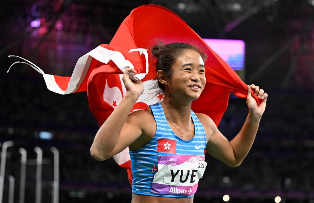 Tiffany Yue celebrating her Asian Games bronze in Hangzhou in October 2023. Photo: Xinhua