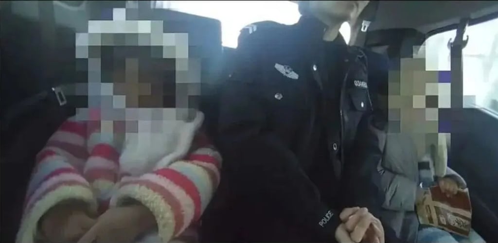 The two children pictured with officers in the back of a police car. Photo: Sohu