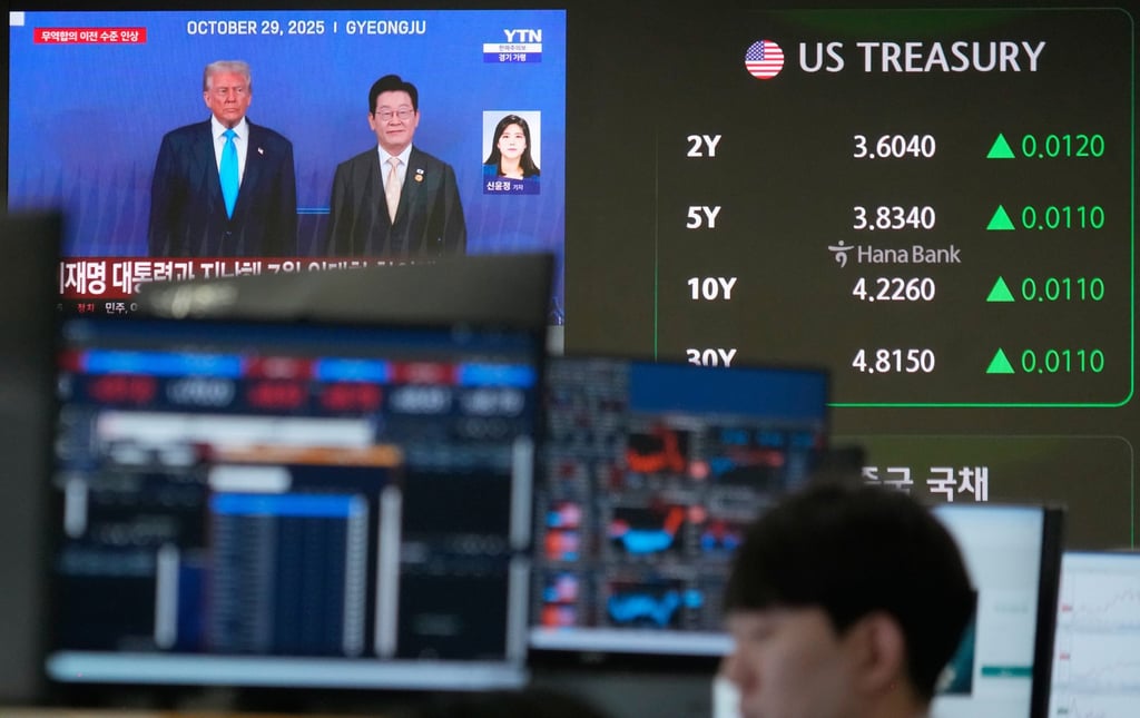 US President Donald Trump (left) and South Korean President Lee Jae Myung are seen on a screen at the foreign exchange dealing room of the Hana Bank headquarters in Seoul on Tuesday. Photo: AP US President Donald Trump (left) and South Korean President Lee Jae Myung are seen on a screen at the foreign exchange dealing room of the Hana Bank headquarters in Seoul on Tuesday. Photo: AP
