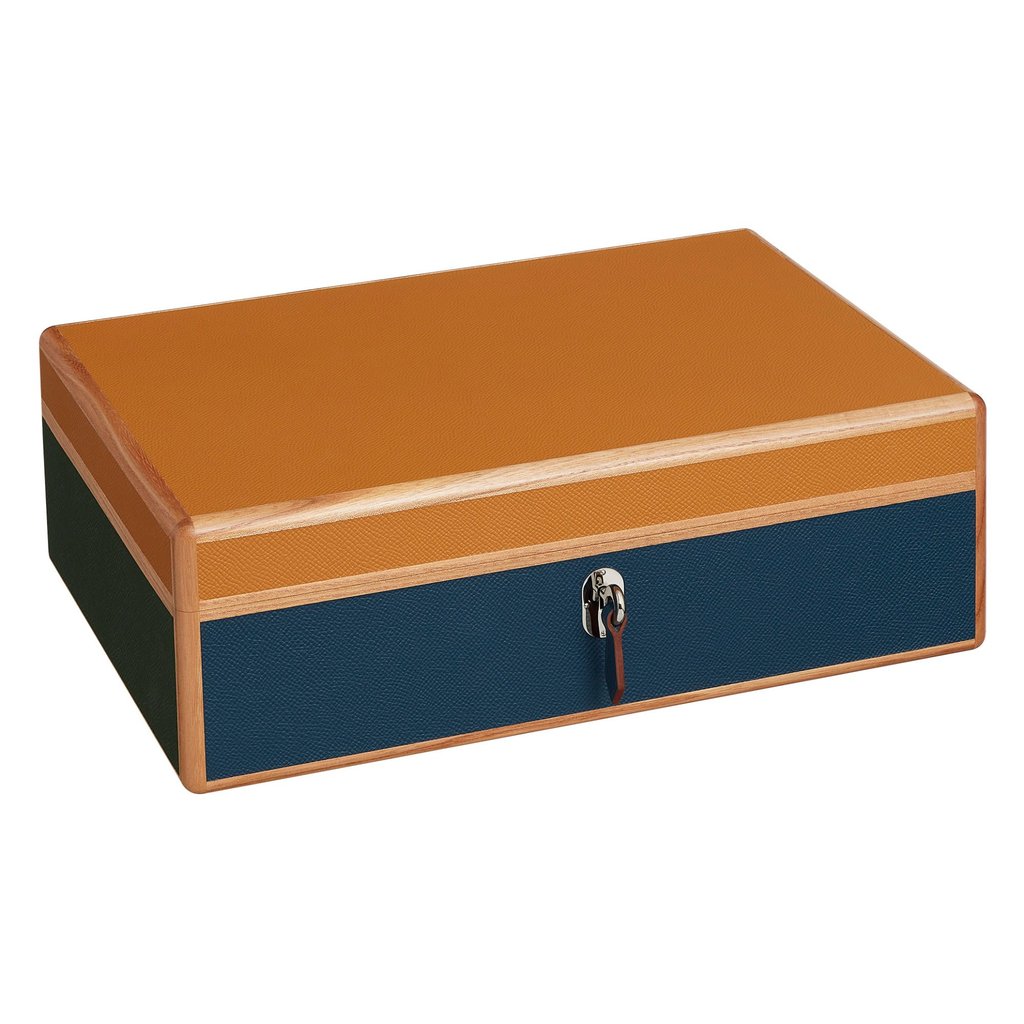 This large Hermès Amalthee Tricolore watch and jewellery box (US$15,000) has a lid and sides sheathed in Epsom calfskin, and an interior lined with velvet lambskin. Photo: Handout
