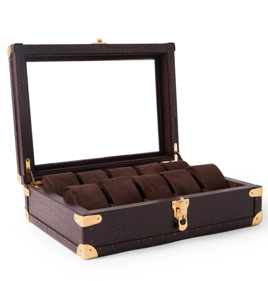 Rapport London 10-piece croc-effect leather watch box (US$1,800), at Mr Porter. Photo: Handout