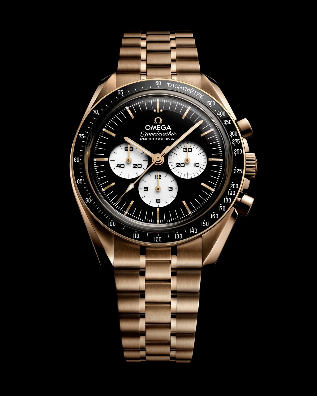 The new Speedmaster comes in a choice of cases, including Moonshine Gold, Omega’s own version of yellow gold. Photo: Handout The new Speedmaster comes in a choice of cases, including Moonshine Gold, Omega’s own version of yellow gold. Photo: Handout