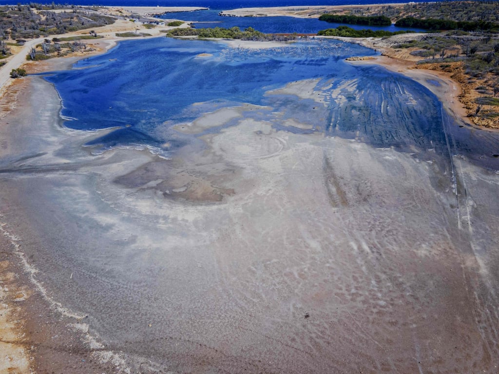 Aerial view of floodwaters covering land on Bonaire, on January 24. Photo: AFP