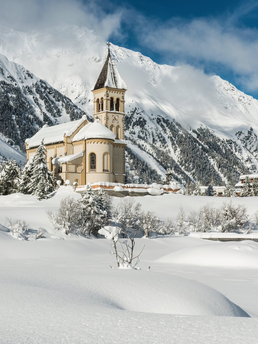 A snow-covered Church of Santa Geltrude (St Gertrude), in Solda, South Tirol. Photo: Handout