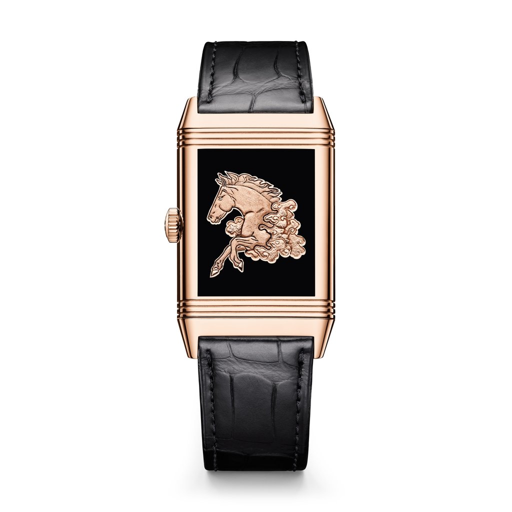 Jaeger-LeCoultre’s Reverso Tribute Enamel Horse in pink gold on a black alligator strap. Photo: Handout