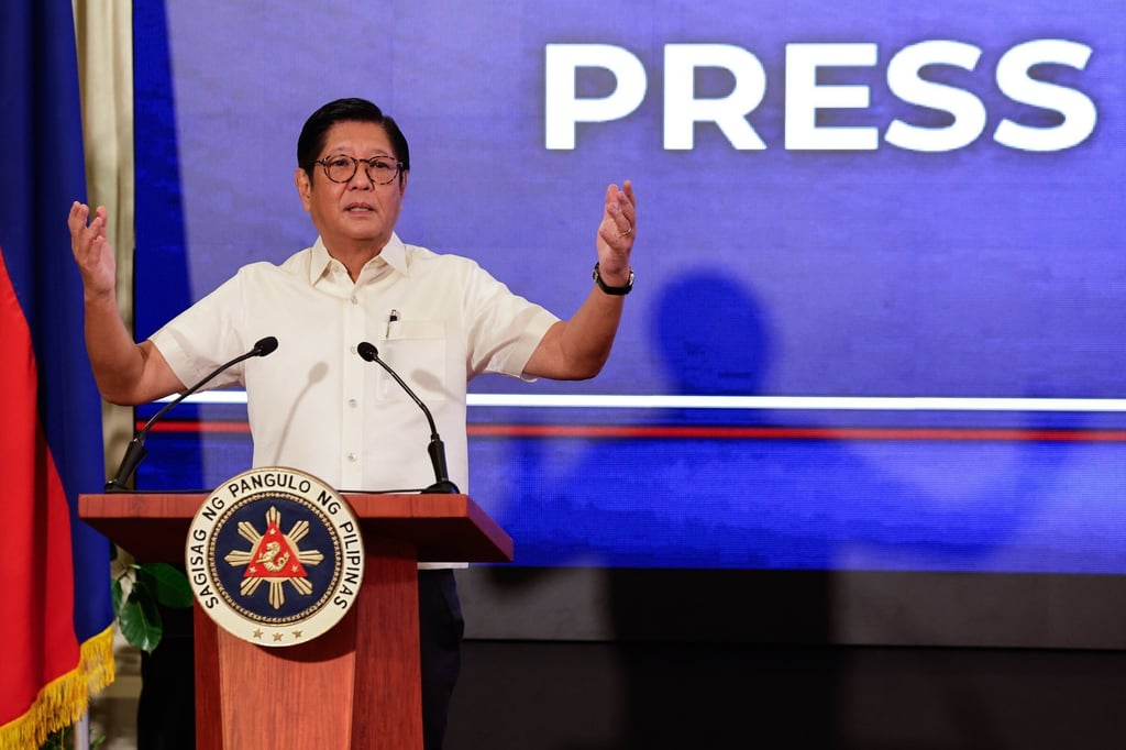 Philippine President Marcos Jnr addresses an August 2025 press conference in Manila on flood control, ongoing investigations and the country’s sovereignty in the South China Sea. Photo: EPA