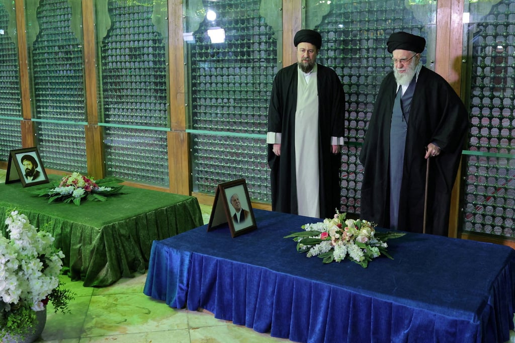 Iran’s Supreme Leader Ayatollah Ali Khamenei (right) and Hassan Khomeini, grandson of Ayatollah Ruhollah Khomeini, leader of Iran’s 1979 Islamic Revolution, visit his shrine in Tehran on Saturday. Photo: Handout via Reuters Iran’s Supreme Leader Ayatollah Ali Khamenei (right) and Hassan Khomeini, grandson of Ayatollah Ruhollah Khomeini, leader of Iran’s 1979 Islamic Revolution, visit his shrine in Tehran on Saturday. Photo: Handout via Reuters