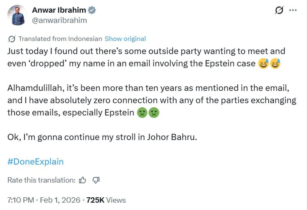 A translated version of Malaysian Prime Minister Anwar Ibrahim’s social media post dismissing speculation about any links to US sex offender Jeffrey Epstein. Image: X/anwaribrahim A translated version of Malaysian Prime Minister Anwar Ibrahim’s social media post dismissing speculation about any links to US sex offender Jeffrey Epstein. Image: X/anwaribrahim