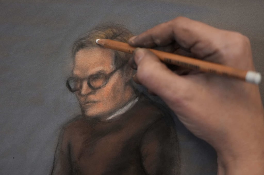 A court sketch of Marius Borg Hoiby is drawn during the first day of the trial against him on Tuesday. Photo: AP