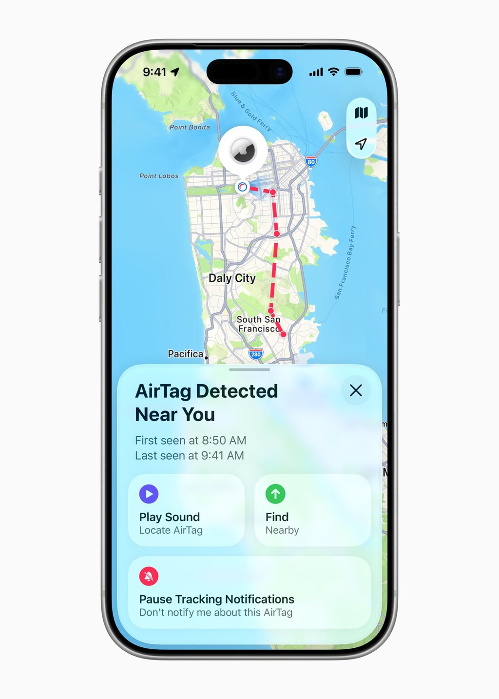 The new AirTag incorporates a suite of industry-first protections against unwanted tracking, including cross-platform alerts and unique Bluetooth identifiers that change frequently. Photo: Apple