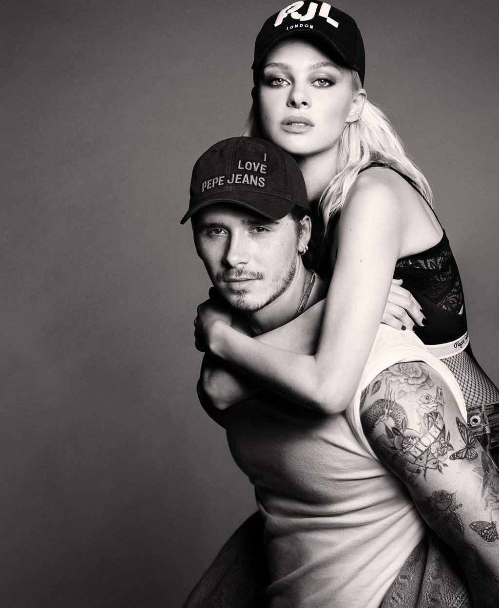Nicola Peltz Beckham and Brooklyn Beckham in a shot for Pepe Jeans. Photo: @nicolaannepeltzbeckham/Instagram