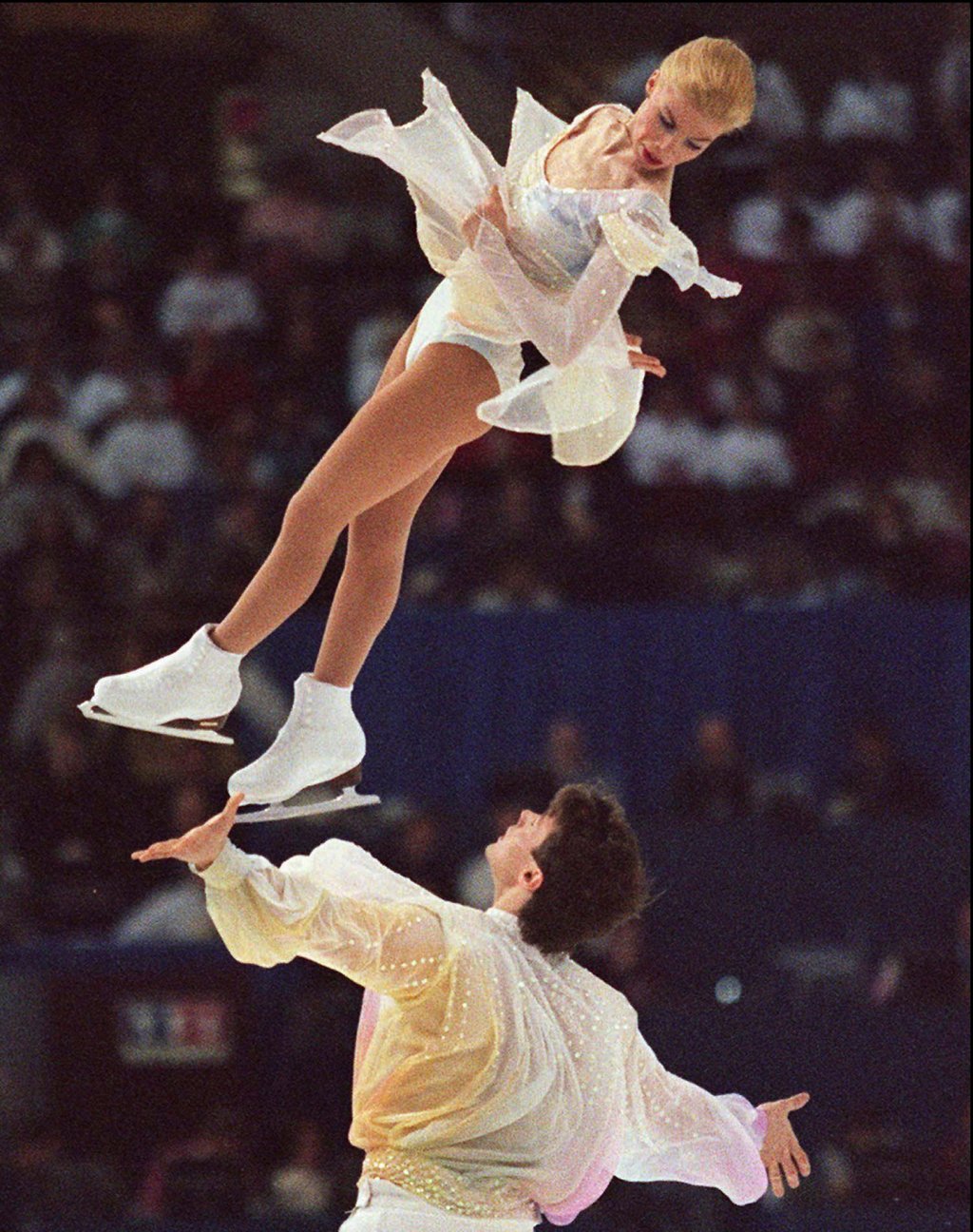 Maxim Naumov’s parents, world champions Evgenia Shishkova and Vadim Naumov of Russia, at the World Figure Skating competition in Edmonton, Alberta, in 1996. Photo: AP