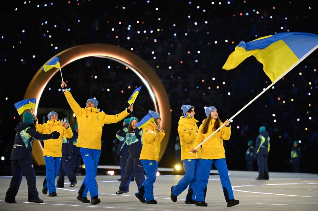 Ukraine’s athletes parade during the opening ceremony of the Milano Cortina 2026 Winter Olympic Games on Friday. Photo: AFP