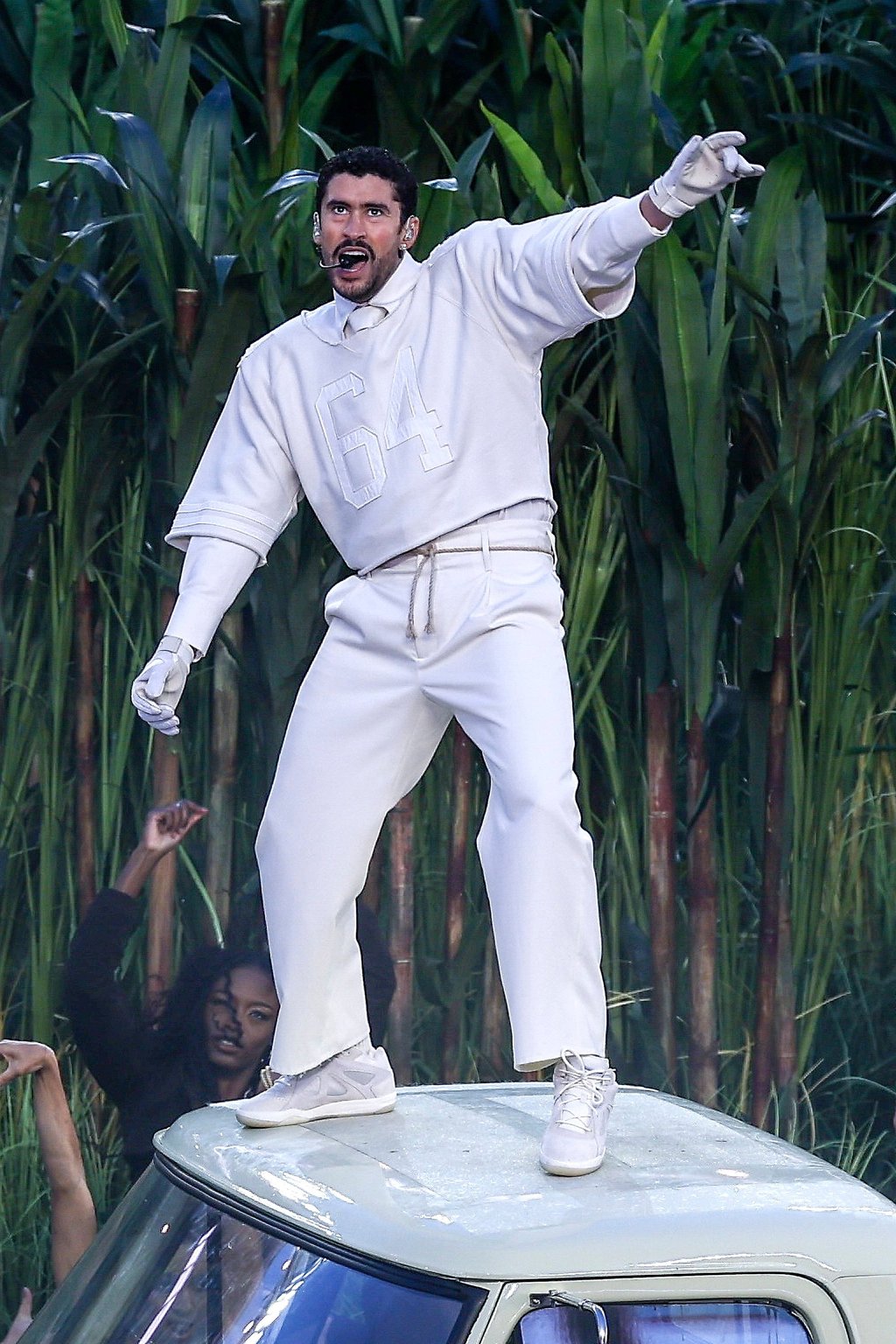 Bad Bunny wore an all-white Zara ensemble for his halftime performance at the Super Bowl on Sunday. Photo: EPA Bad Bunny wore an all-white Zara ensemble for his halftime performance at the Super Bowl on Sunday. Photo: EPA