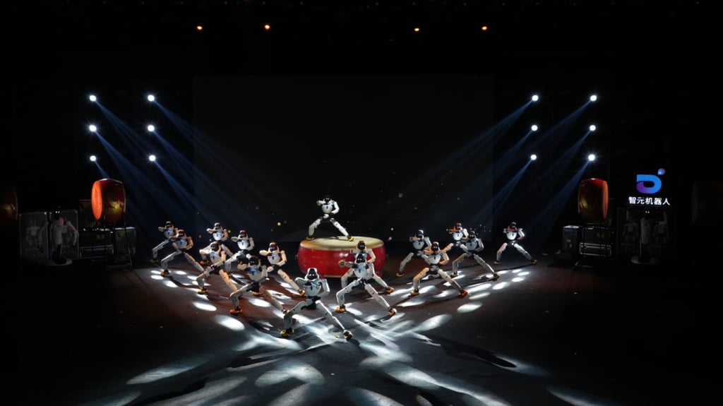 Robots stand in formation, demonstrating kung fu. Photo: Handout