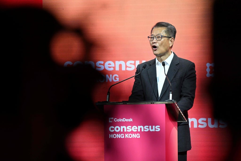 Hong Kong Financial Secretary Paul Chan Mo-po speaks at the opening of Consensus 2025, on February 19 last year. Photo: AFP