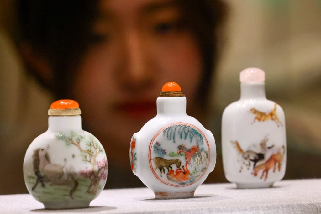 Qing dynasty snuff bottles with eight steeds, part of “Celebrating the Year of the Horse” at the Chinese University of Hong Kong Art Museum. Photo: Dickson Lee