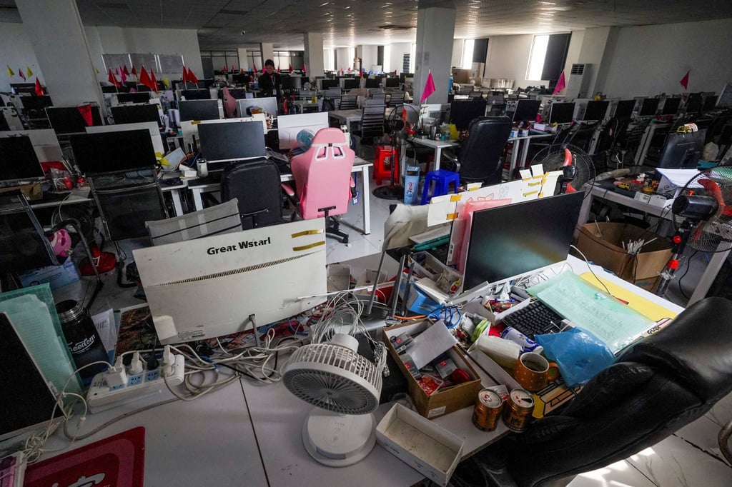 Computers inside a scam compound used for fraud operations in Kampot province, Cambodia. Photo: Reuters