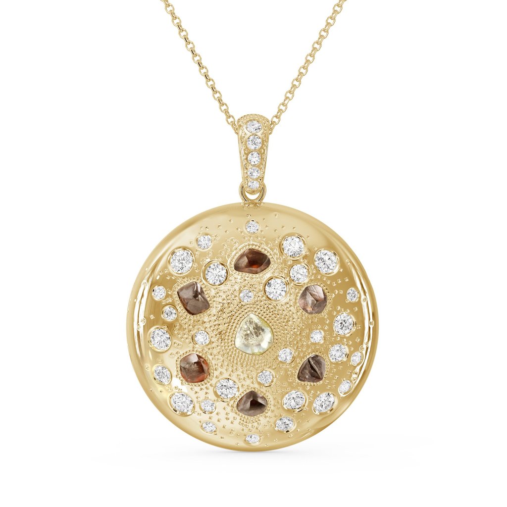 De Beers’ Talisman locket mixes yellow and brown rough diamonds with white polished diamonds. Photo: Handout De Beers’ Talisman locket mixes yellow and brown rough diamonds with white polished diamonds. Photo: Handout