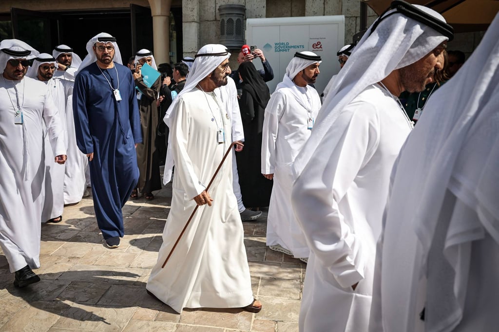 Dubai’s ruler Sheikh Mohammed bin Rashid al-Maktoum (centre), also UAE’s prime minister and vice-president, attends the World Governments Summit in Dubai on February 3. Photo: AFP Dubai’s ruler Sheikh Mohammed bin Rashid al-Maktoum (centre), also UAE’s prime minister and vice-president, attends the World Governments Summit in Dubai on February 3. Photo: AFP