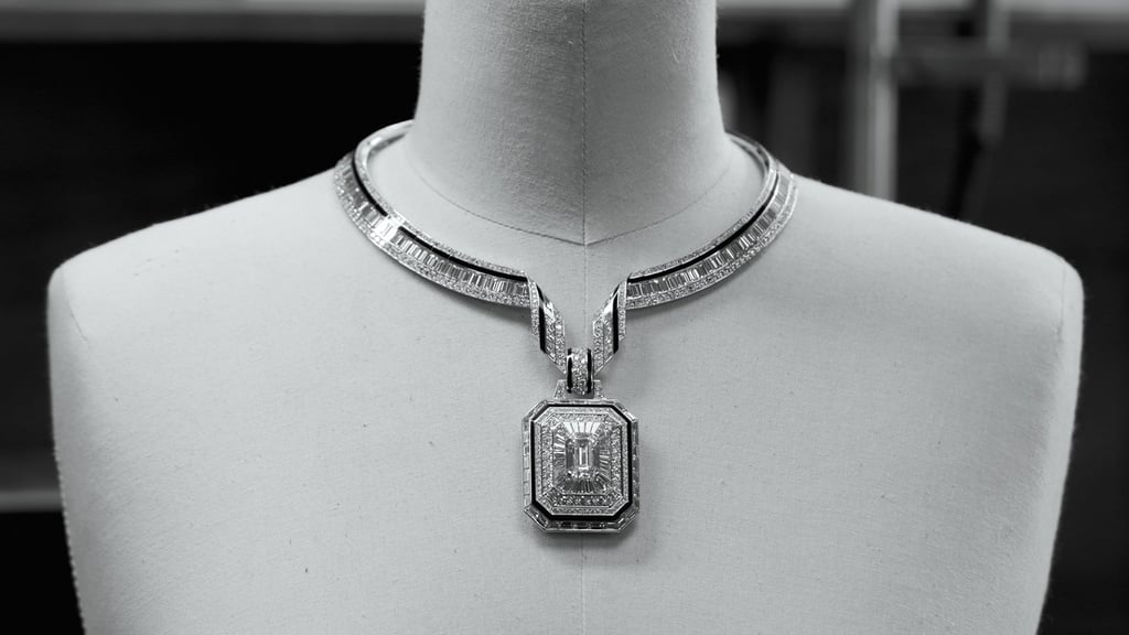 The Address necklace is made from white gold, diamonds and black lacquer, with a 10.01-carat diamond as its centrepiece. Photo: Handout