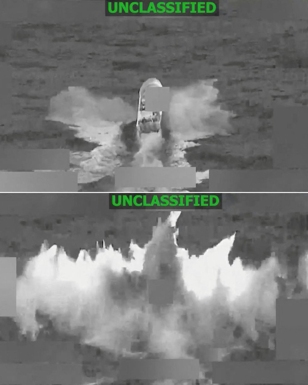 A combination of screen grabs from a video posted on February 5 shows a vessel before (top) and during a US anti-narcotics strike. Photo: X/US Southern Command/AFP A combination of screen grabs from a video posted on February 5 shows a vessel before (top) and during a US anti-narcotics strike. Photo: X/US Southern Command/AFP