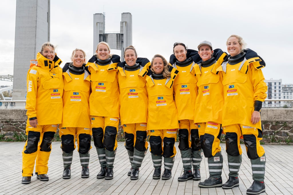 The all-women crew for The Famous Project were British sailors Dee Caffari and Deborah Blair, Dutch sailor Annemieke Bes, Swiss-New Zealand sailor Rebecca Gmuer, Spanish sailor Tamara “Xiquita” Echegoyen, American sailor Molly Lapointe, Australian sailor Stacey Jackson, and French sailor and captain Alexia Barrier. Photo: Alexander Champy-McLean. The all-women crew for The Famous Project were British sailors Dee Caffari and Deborah Blair, Dutch sailor Annemieke Bes, Swiss-New Zealand sailor Rebecca Gmuer, Spanish sailor Tamara “Xiquita” Echegoyen, American sailor Molly Lapointe, Australian sailor Stacey Jackson, and French sailor and captain Alexia Barrier. Photo: Alexander Champy-McLean.
