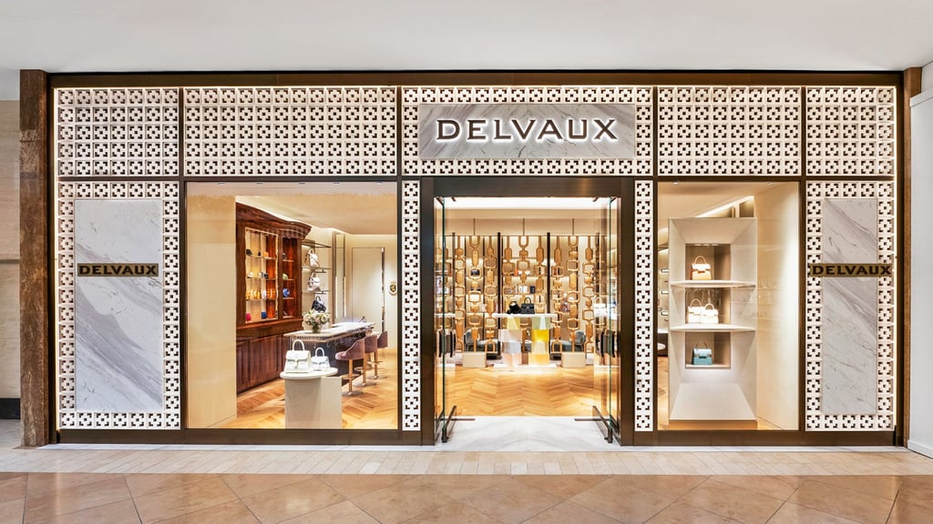 Delvaux’s South Coast Plaza flagship, situated in one of America’s most prestigious luxury malls, features an interlaced geometric motif facade that nods to local bioclimatic architecture, bringing an outdoor element into the mall’s context, creating a delightful contrast. Photo: Handout Delvaux’s South Coast Plaza flagship, situated in one of America’s most prestigious luxury malls, features an interlaced geometric motif facade that nods to local bioclimatic architecture, bringing an outdoor element into the mall’s context, creating a delightful contrast. Photo: Handout